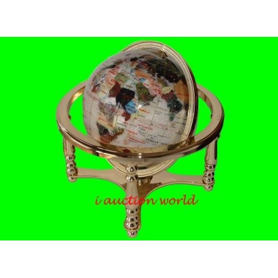 Unique Art 13" Tall Pearl Powder Ocean Table Top Gemstone World Globe gold stand   121829917124